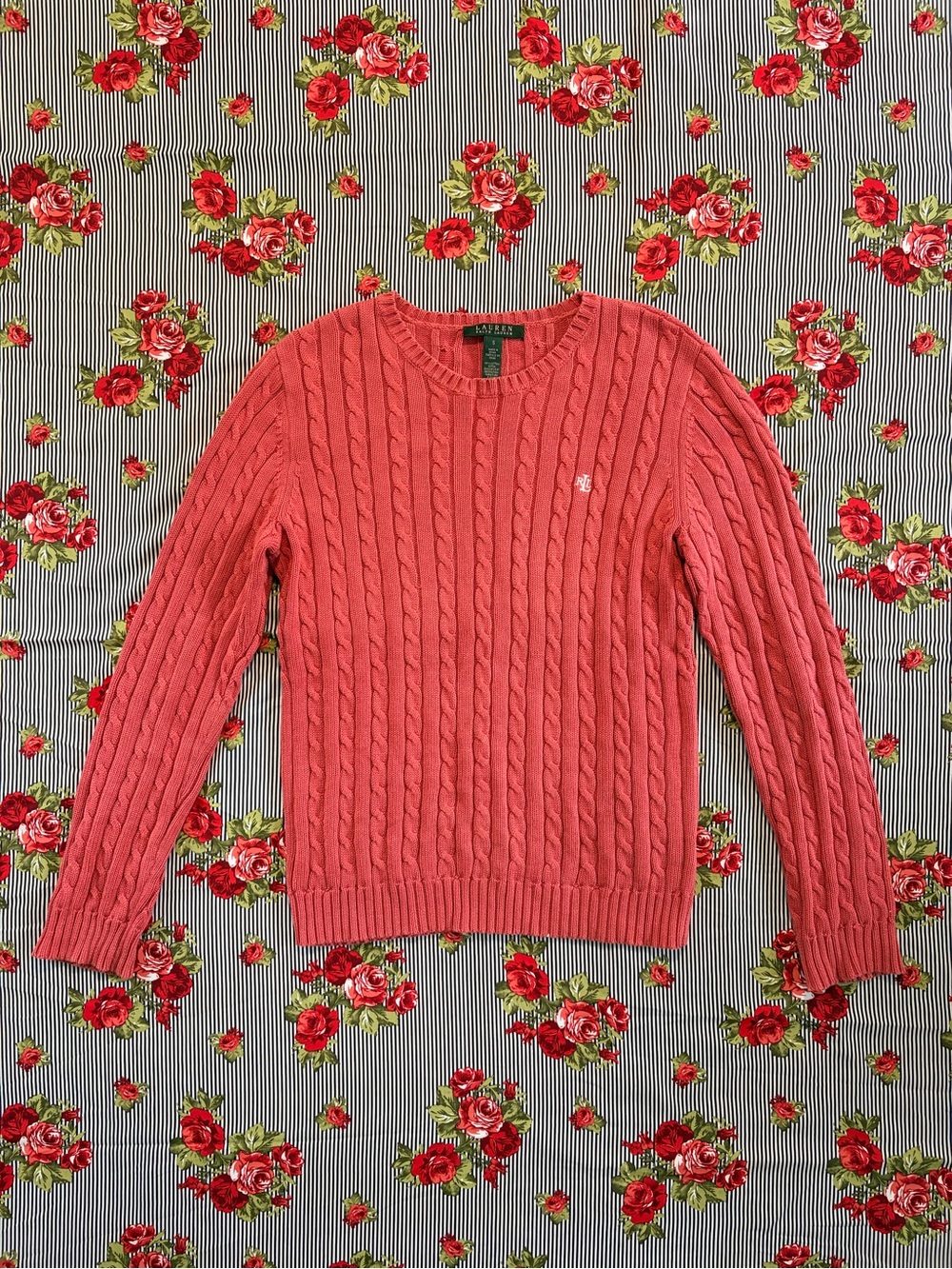 Ralph Lauren 100% Cotton Coral Cable-Knit Crewneck Sweater
